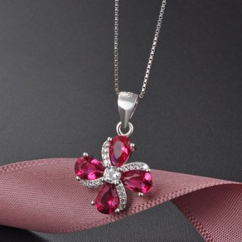 Red Birthstone Four Leaf Design Silver Necklace